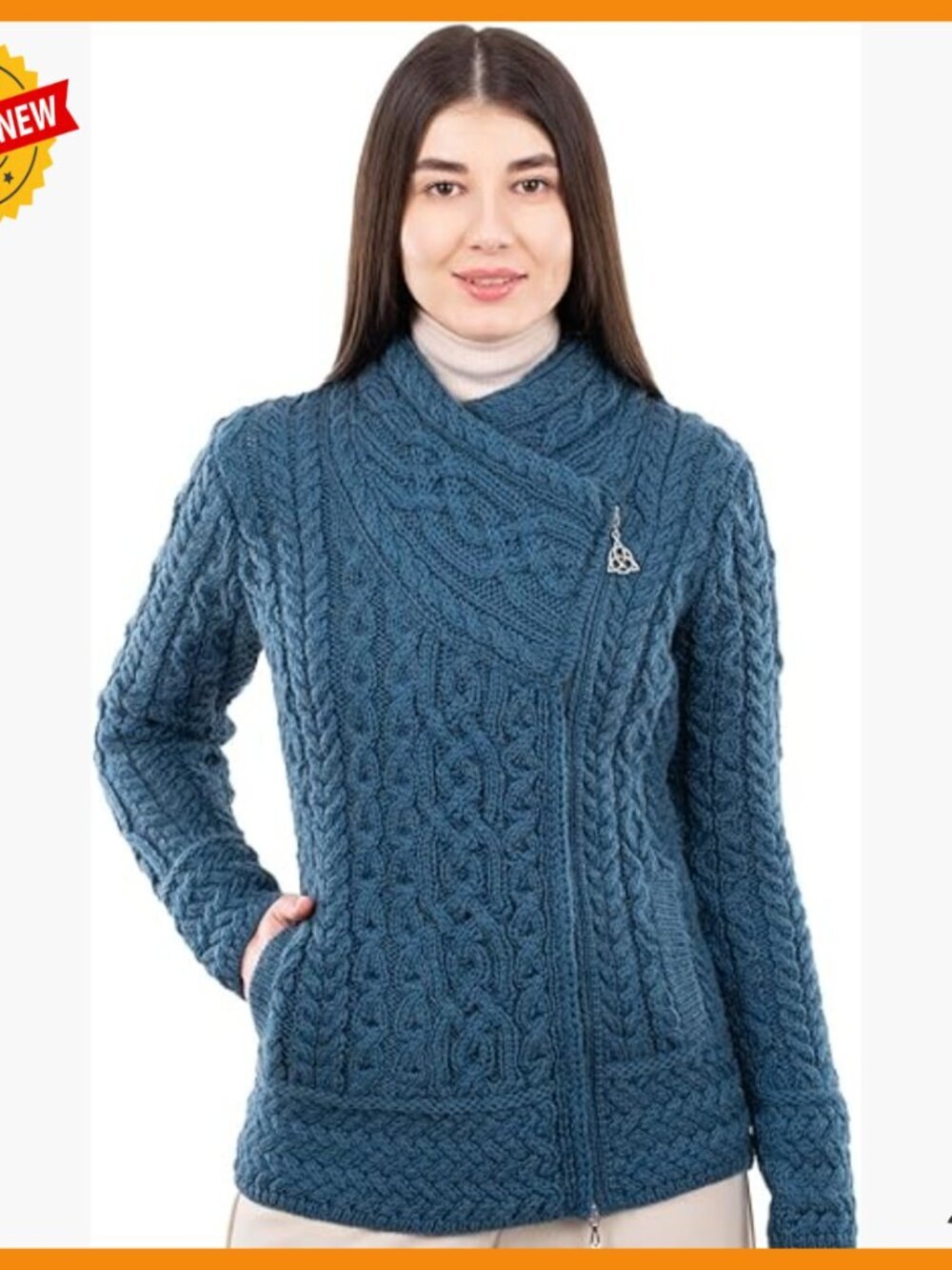 Merino Wool Zip Cardigan Cable Knit Sweater Women's Winter Jacket